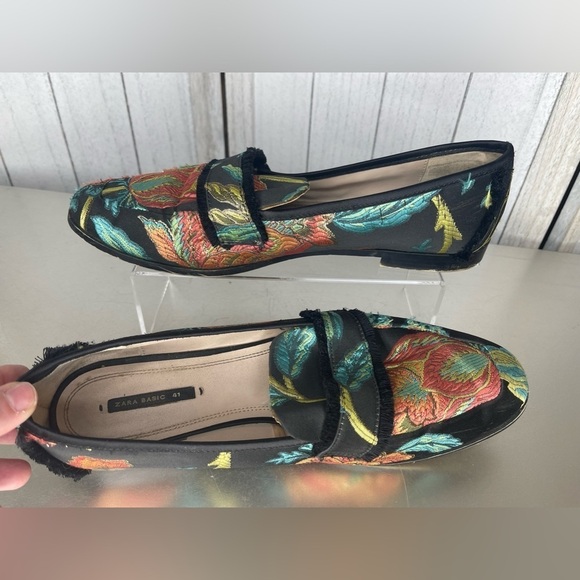 ZARA BASIC Black Orange Green Blue Floral Brocade fabric Fringe Loafers 41 - Picture 2 of 8